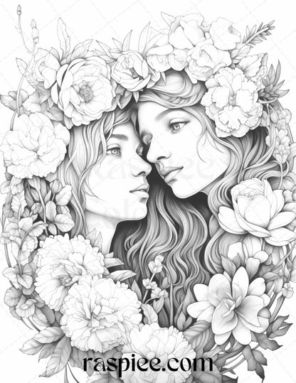 50 Romantic Couple Flowers Grayscale Coloring Pages Printable for Adults, PDF File Instant Download