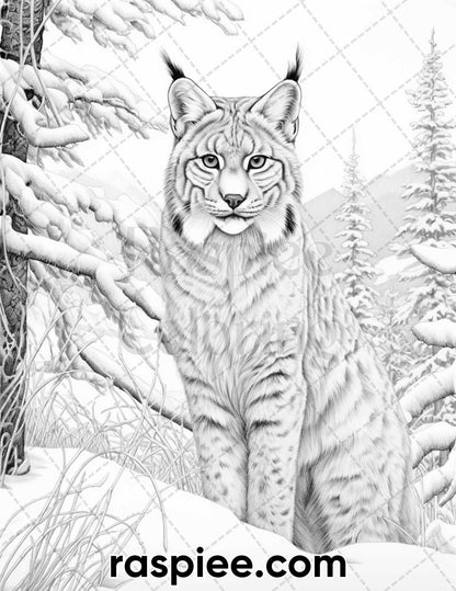 55 Winter Wildlife Grayscale Coloring Pages for Adults, Printable PDF Instant Download