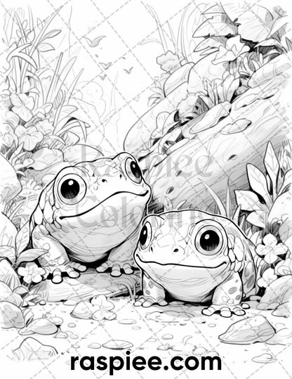 50 The Frog Kingdom Grayscale Coloring Pages for Adults, Printable PDF Instant Download