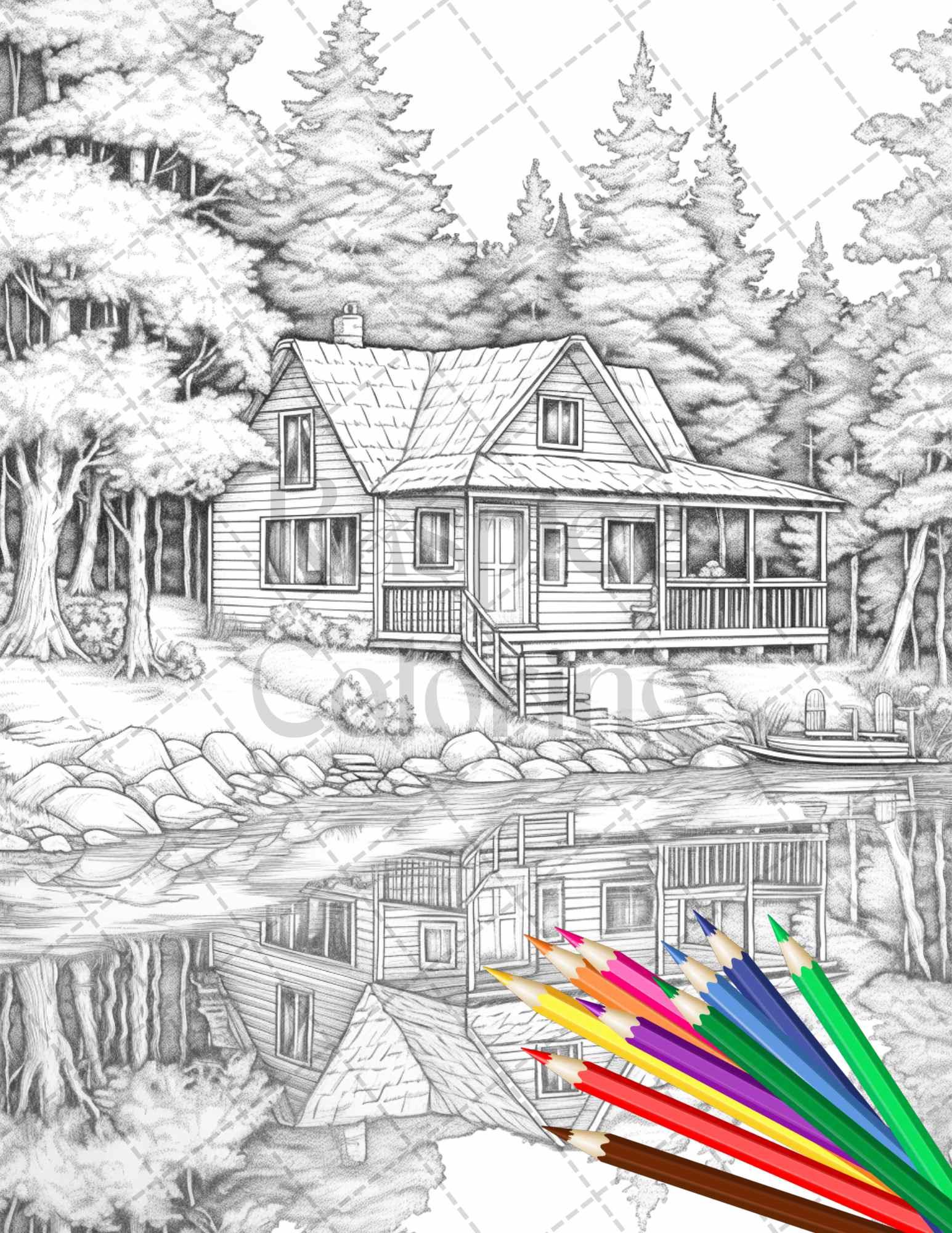 Lake Cabin Scenery Grayscale Coloring Pages Printable for Adults, PDF File Instant Download