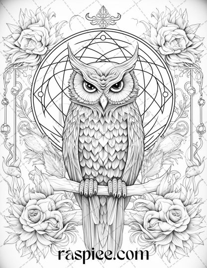 40 Floral Owl Grayscale Printable Coloring Pages for Adults, PDF File Instant Download