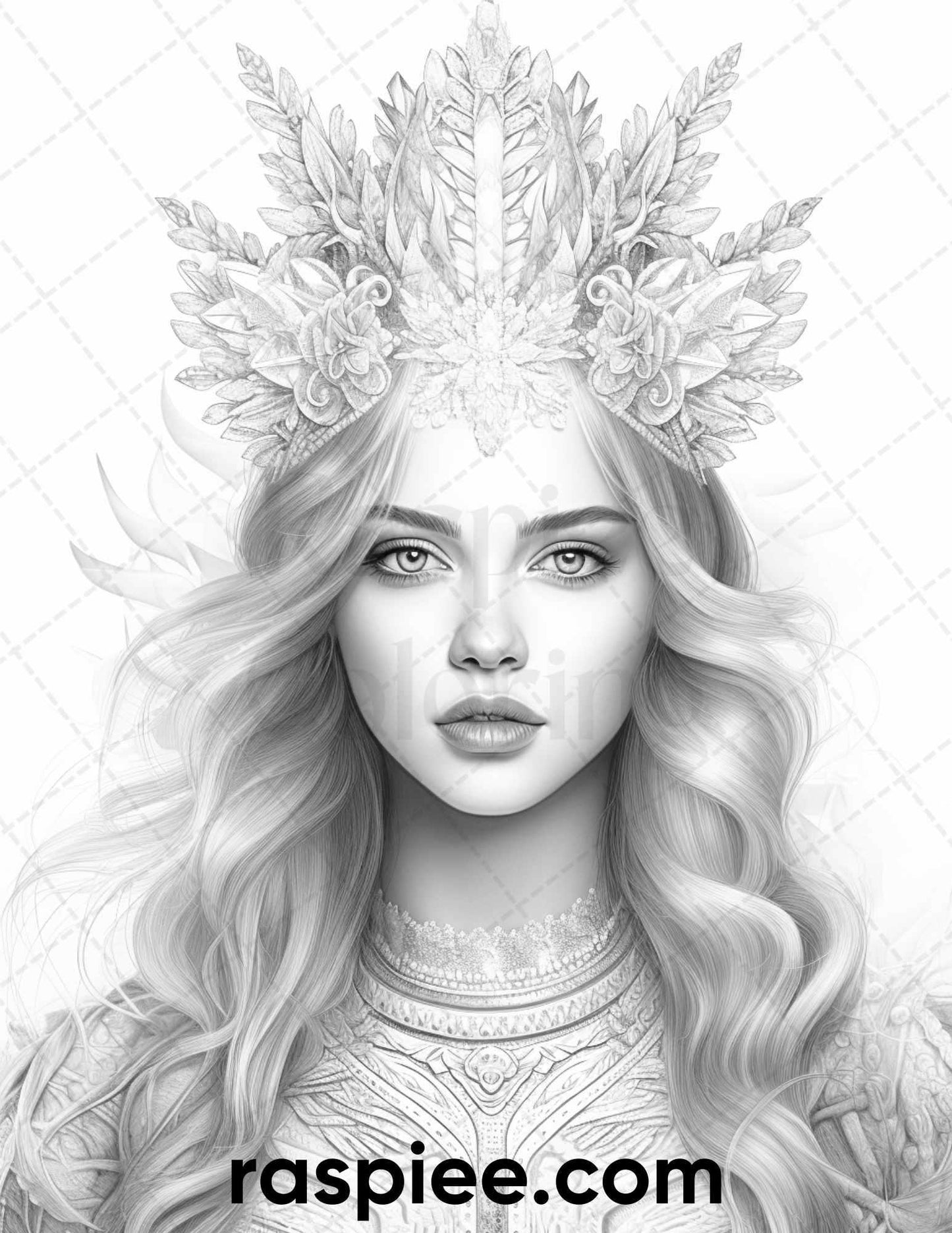 50 Winter Queens Portrait Grayscale Coloring Pages Printable for Adults, PDF File Instant Download