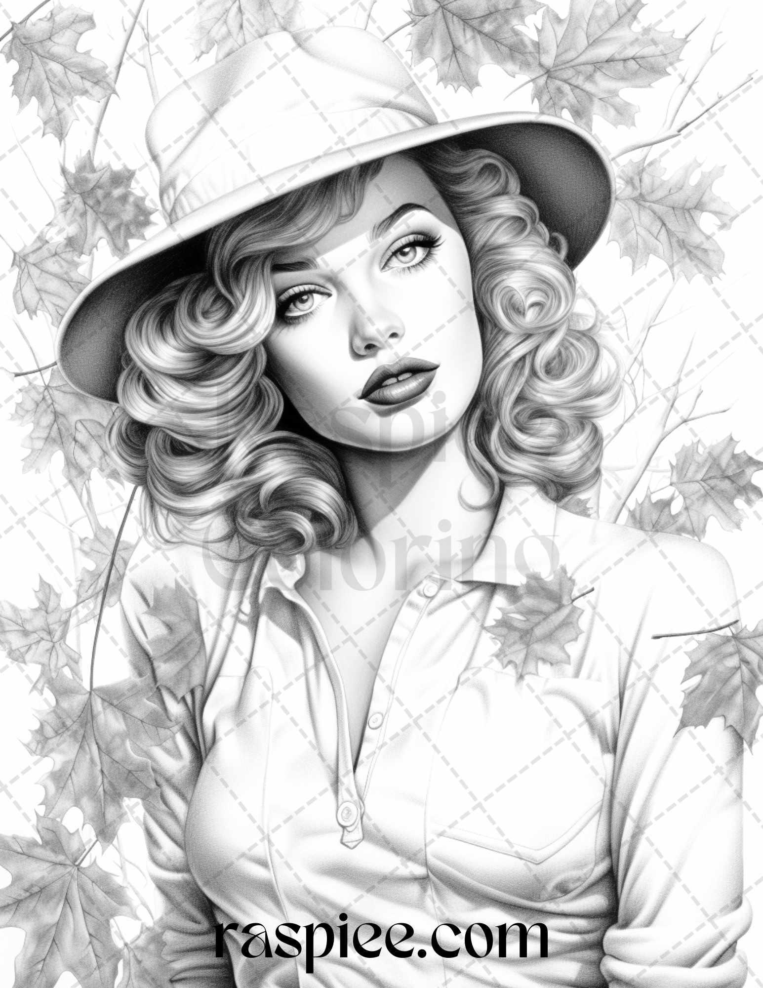55 Autumn Pin Up Girls Grayscale Coloring Pages Printable for Adults, PDF File Instant Download