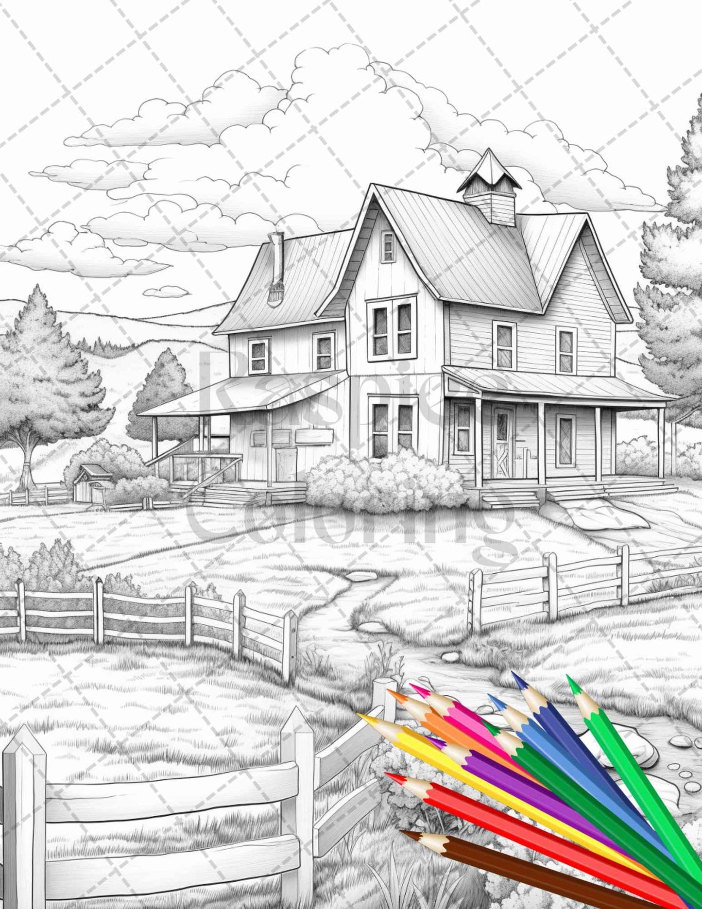Charming Farmhouse Scenery Grayscale Coloring Pages Printable for Adults, PDF File Instant Download
