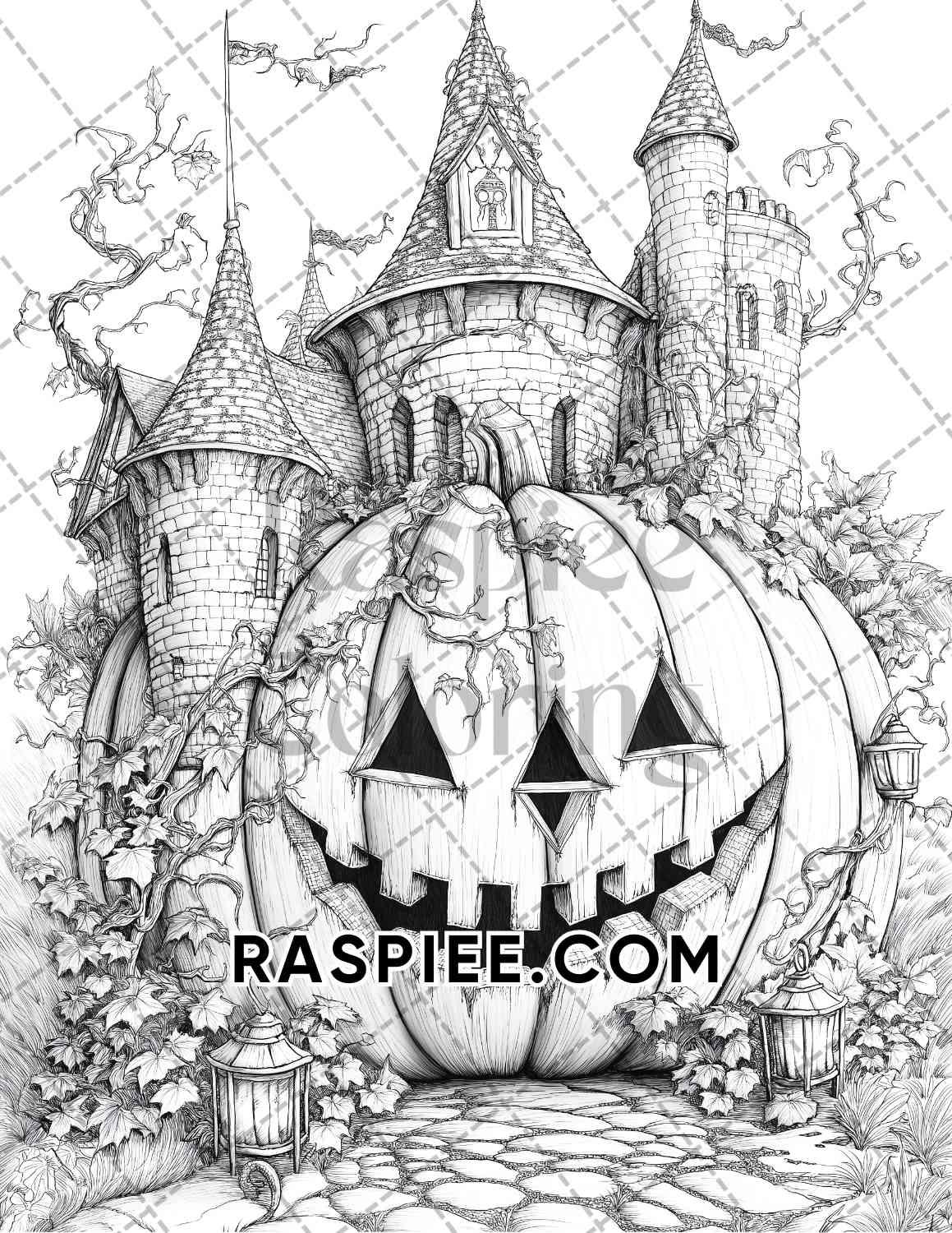 Fantasy Giant Pumpkin Castles Adult Coloring Pages Printable PDF Instant Download