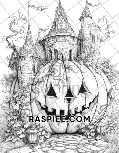 Fantasy Giant Pumpkin Castles Adult Coloring Pages Printable PDF Instant Download