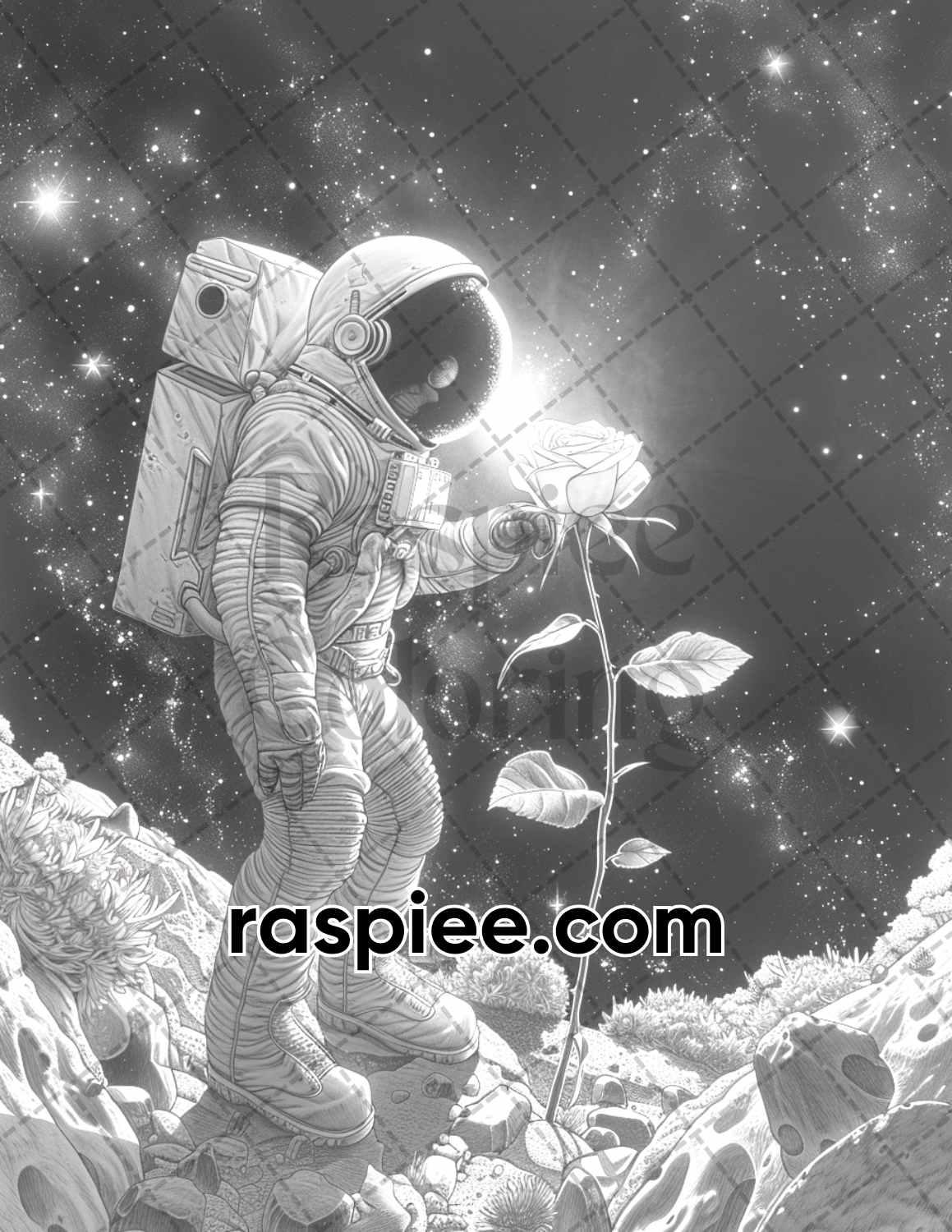 65 Fantasy Astronaut Grayscale Adult Coloring Pages, Printable PDF Instant Download
