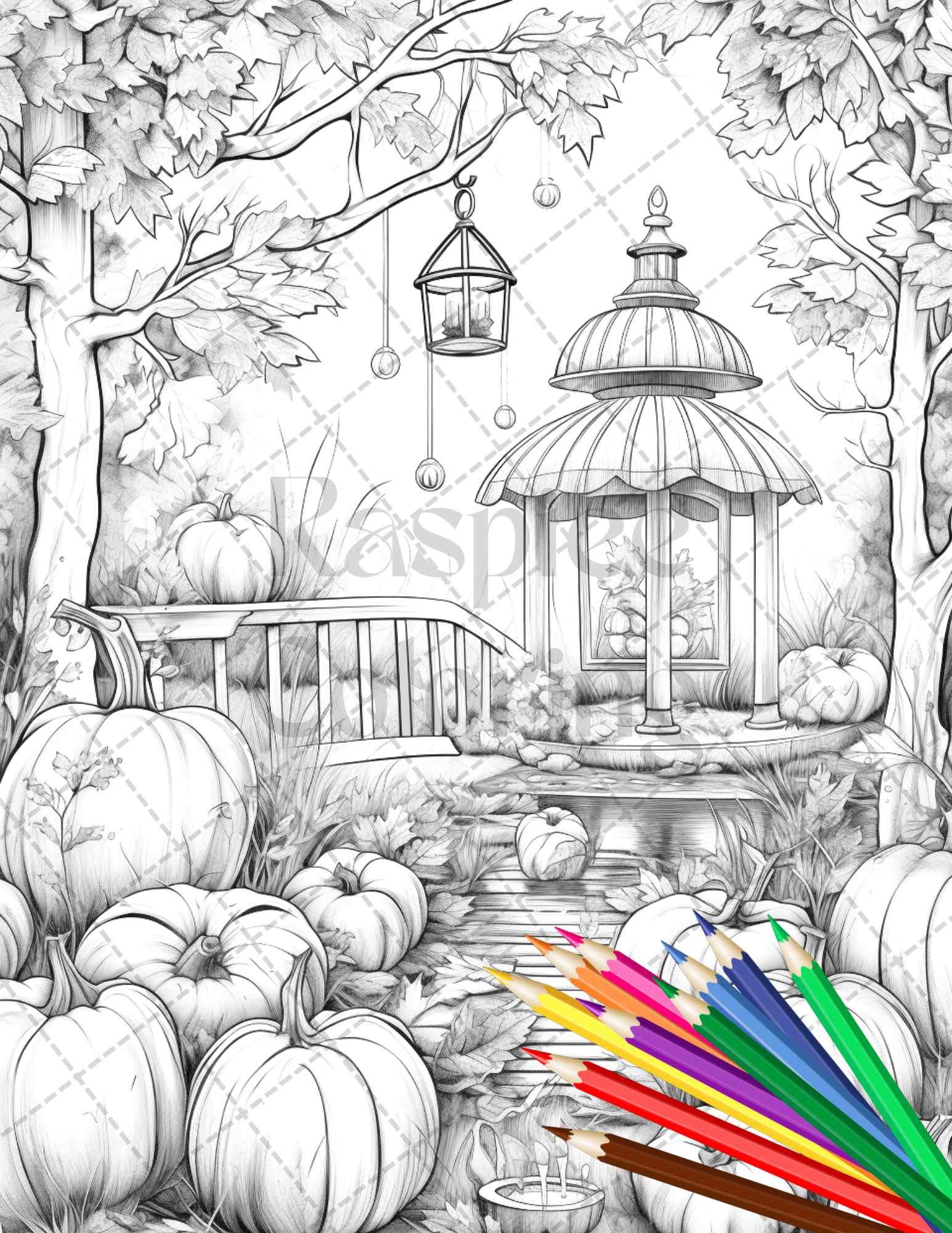 Pumpkin Garden Scenery Grayscale Coloring Pages Printable for Adults, PDF File Instant Download