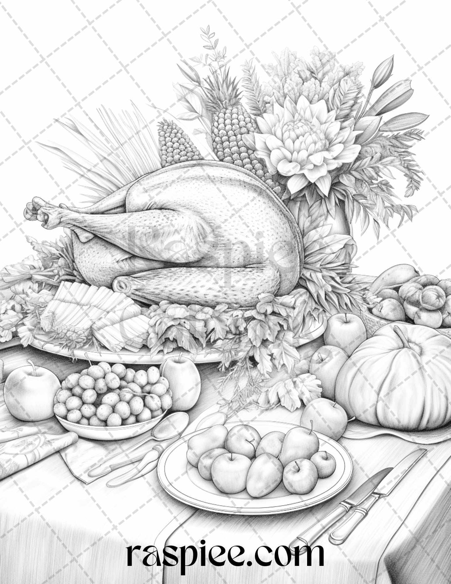 Thanksgiving Dinner Grayscale Coloring Pages for Adults, Relaxing Fall Coloring Sheets, Printable PDF File Instant Download