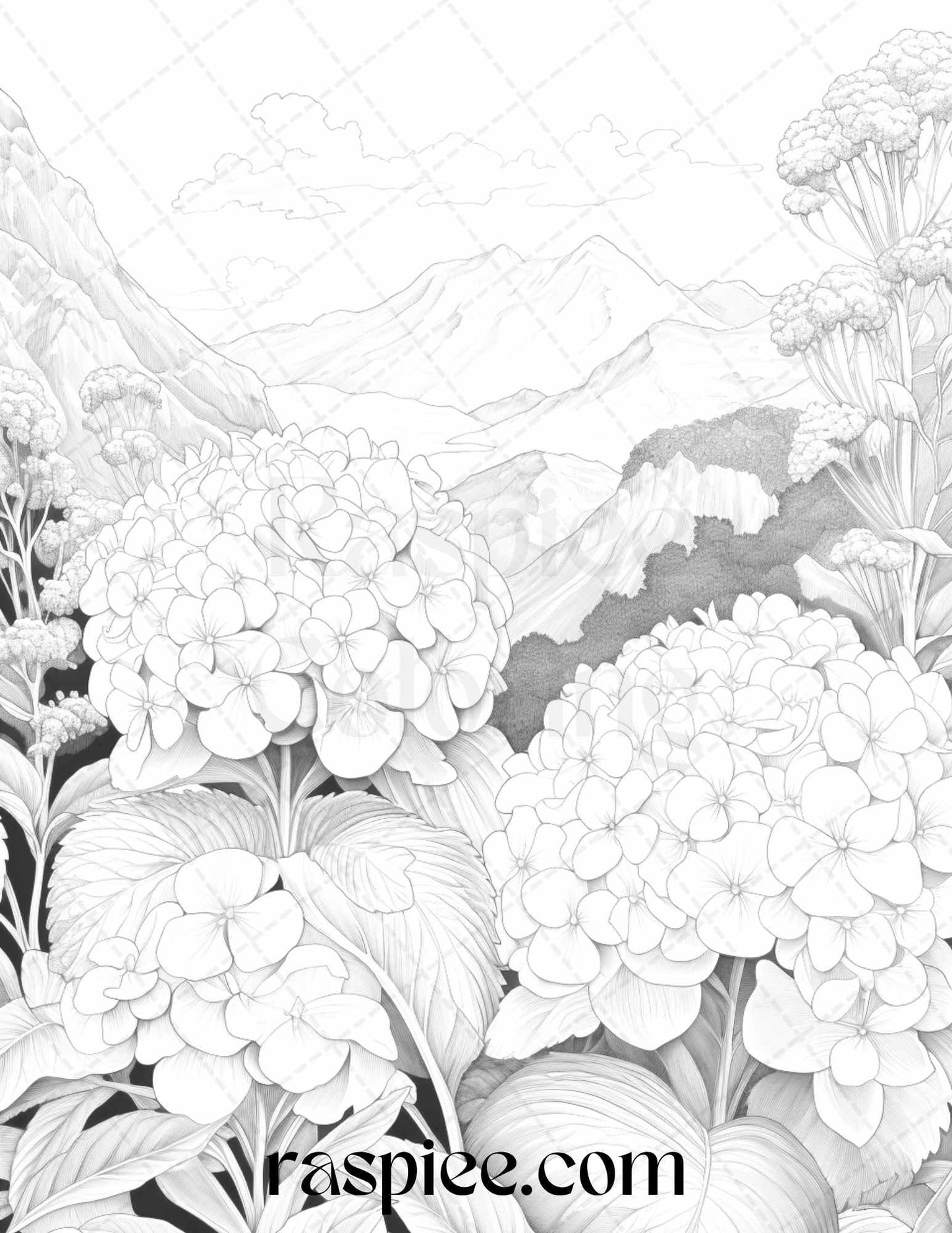 60 Mountain Flower Landscapes Grayscale Coloring Pages Printable for Adults, PDF File Instant Download