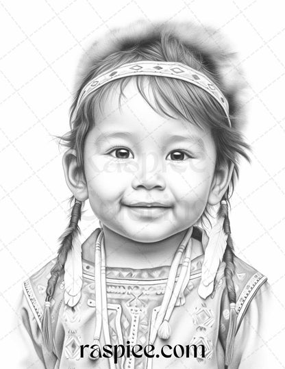 50 Native American Little Girls Boys Grayscale Coloring Pages Printable for Adults Kids, PDF File Instant Download