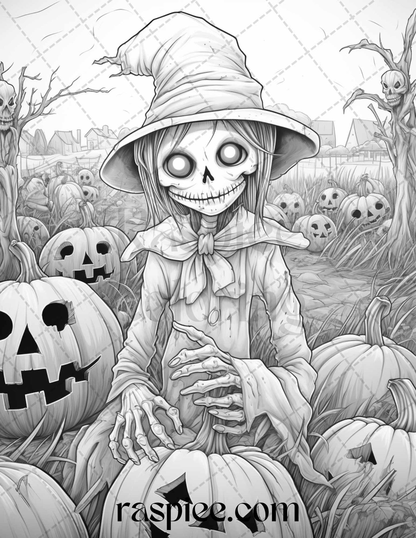 50 Halloween Scarecrows Grayscale Coloring Pages Printable for Adults, PDF File Instant Download