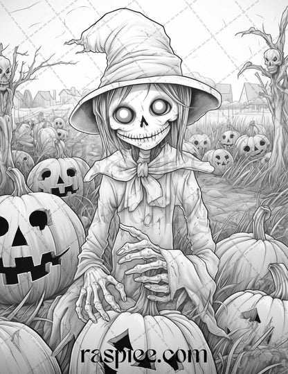 50 Halloween Scarecrows Grayscale Coloring Pages Printable for Adults, PDF File Instant Download