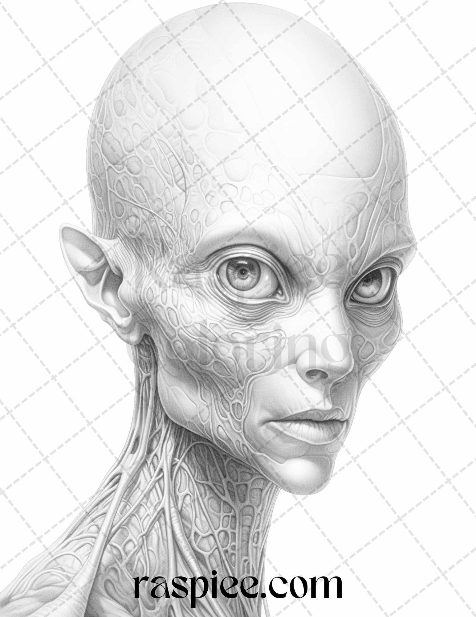 65 Alien Portrait Grayscale Coloring Pages for Adults, Printable PDF File Instant Download