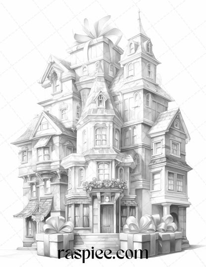 40 Adorable Gift Box Houses Grayscale Coloring Pages Printable for Adults Kids, PDF File Instant Download