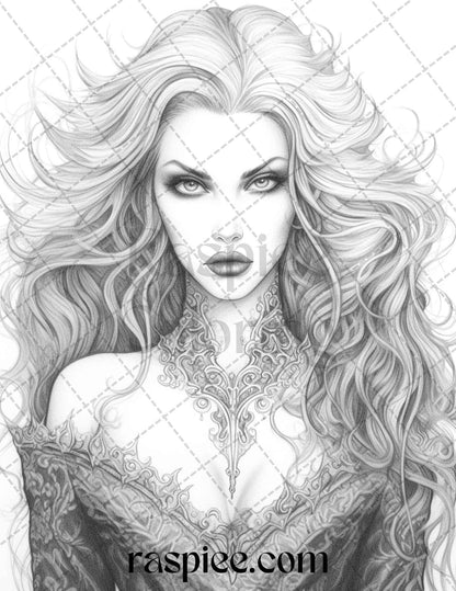 Bewitching Vampires Grayscale Coloring Pages Printable for Adults, PDF File Instant Download