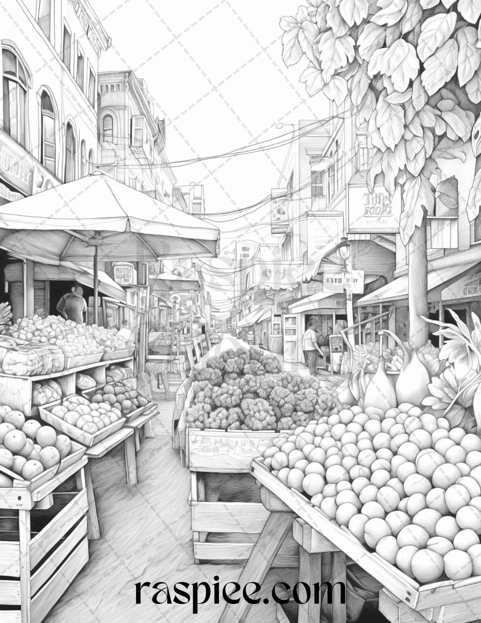 Autumn Street Markets Grayscale Coloring Pages for Adults, Printable PDF File Instant Download