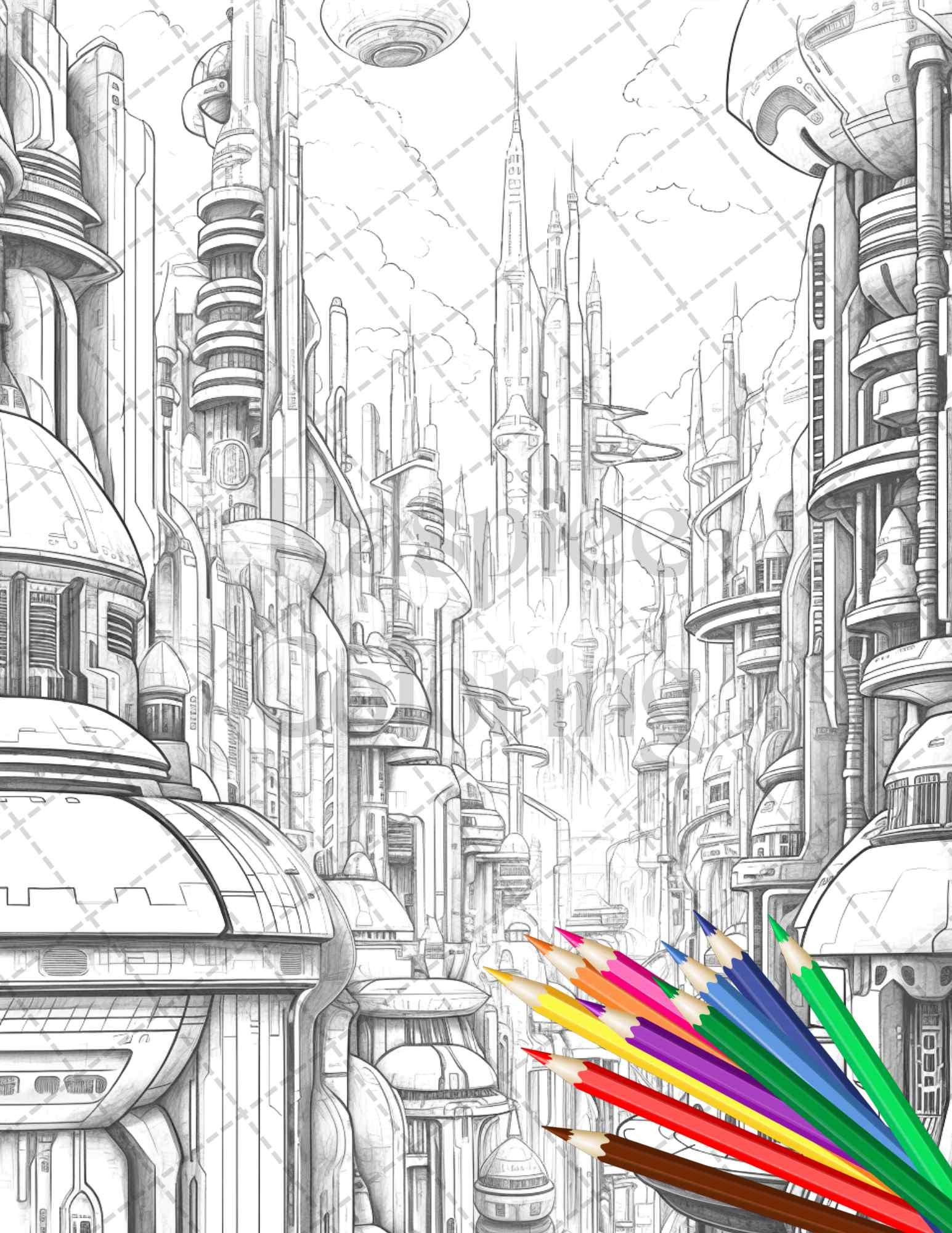 50 Futuristic Metropolis Grayscale Coloring Pages Printable for Adults, PDF File Instant Download