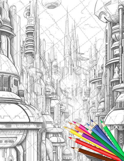 50 Futuristic Metropolis Grayscale Coloring Pages Printable for Adults, PDF File Instant Download
