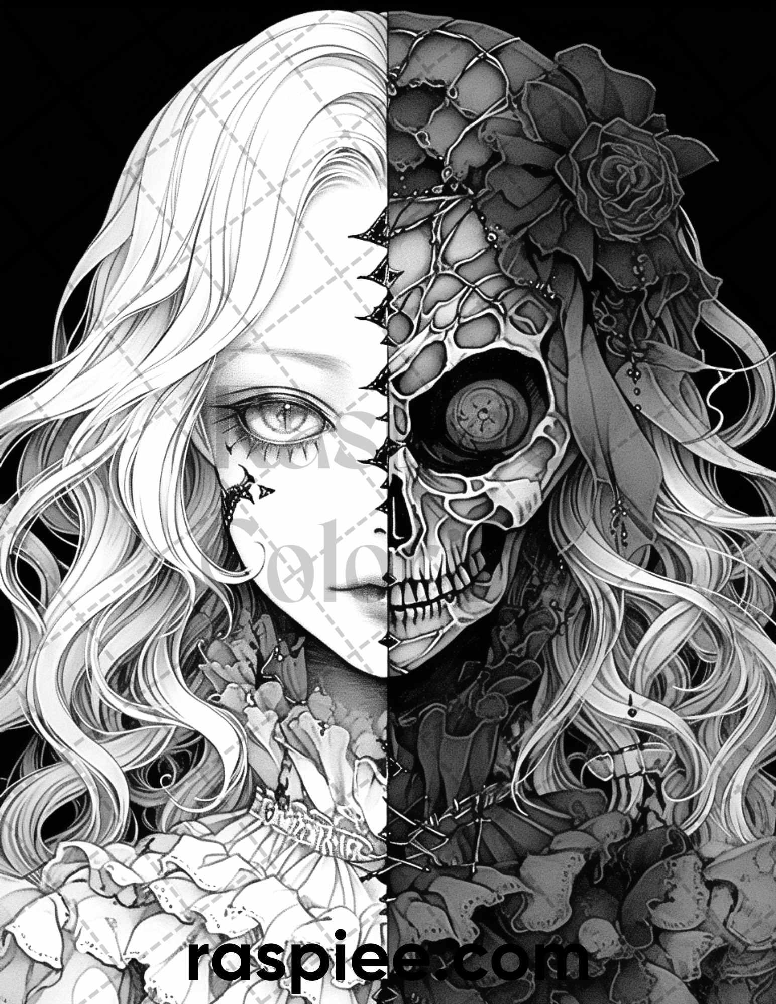 60 Horror Beauties Grayscale Coloring Pages Printable for Adults, PDF File Instant Download