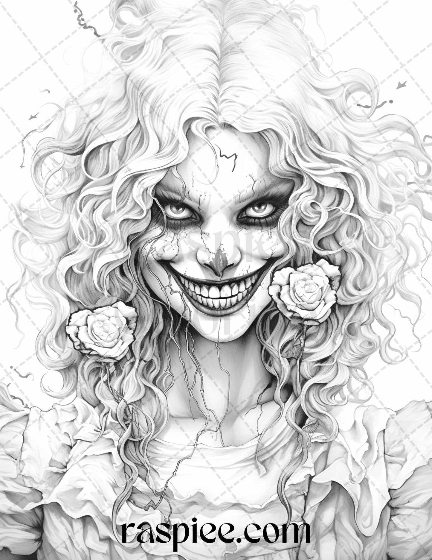 50 Scary Clown Girls Grayscale Coloring Pages Printable for Adults, PDF File Instant Download
