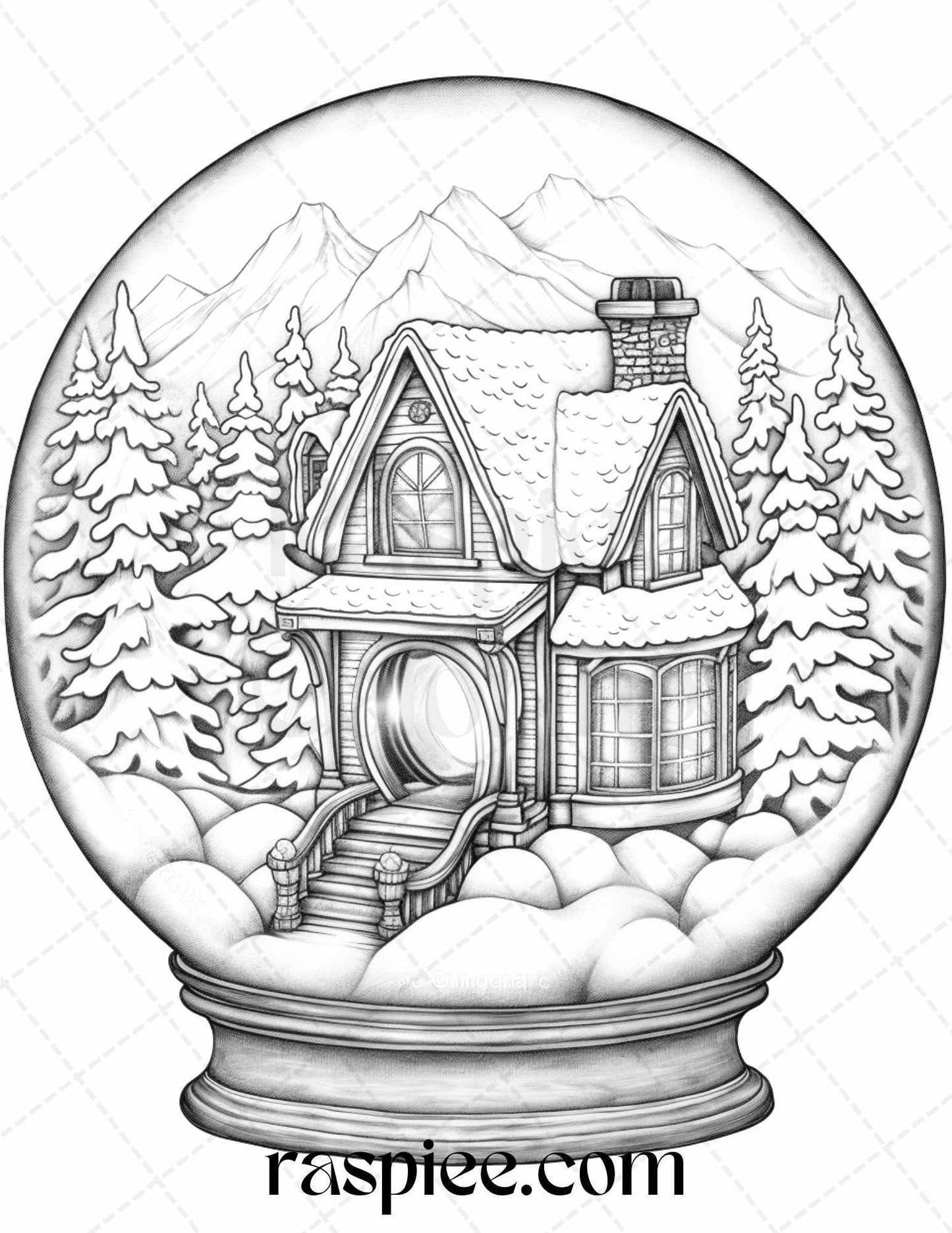 Cozy Cabin in Snow Globe Grayscale Coloring Pages Printable for Adults, PDF File Instant Download