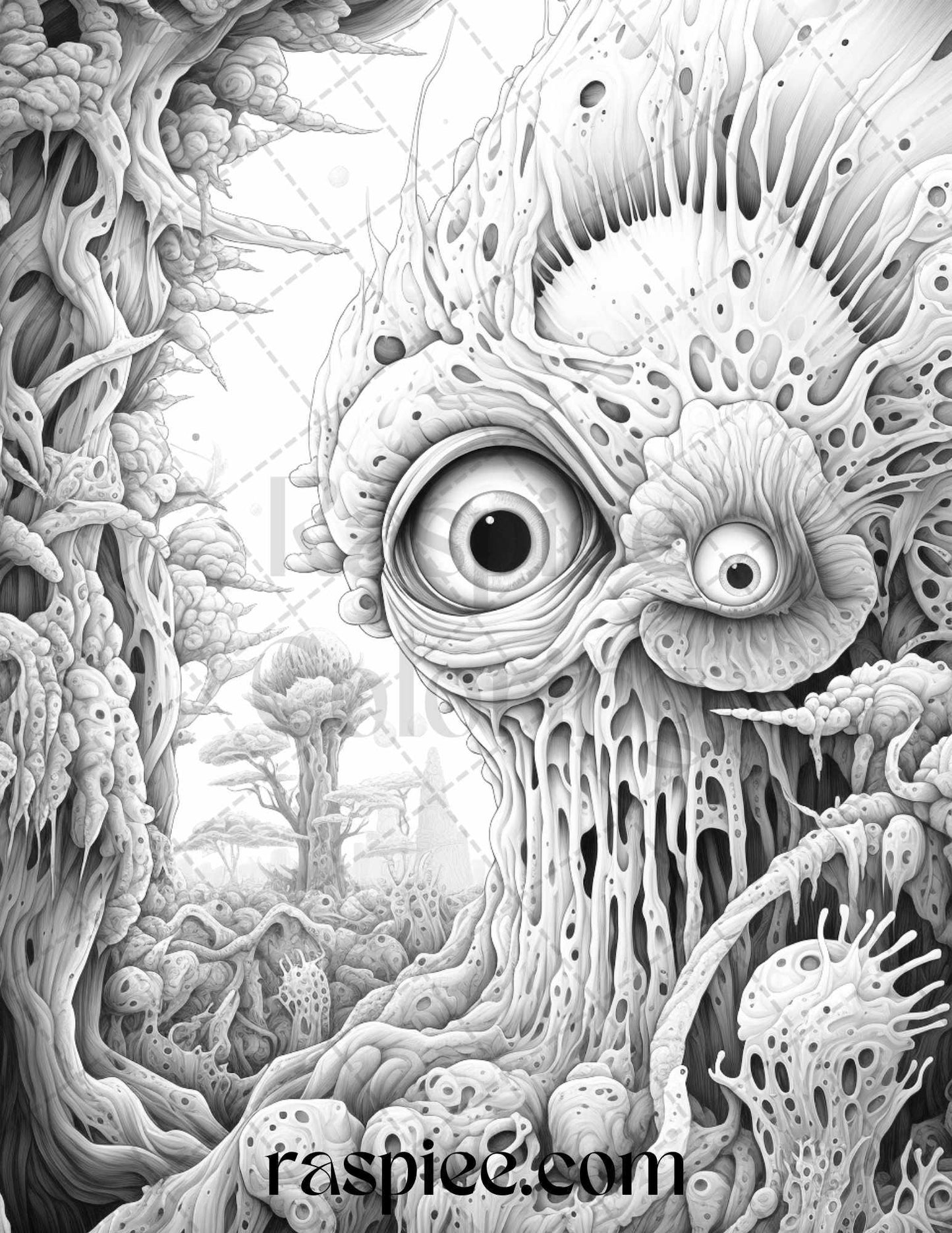 53 Surreal Creatures Grayscale Coloring Pages for Adults, Printable PDF File Instant Download