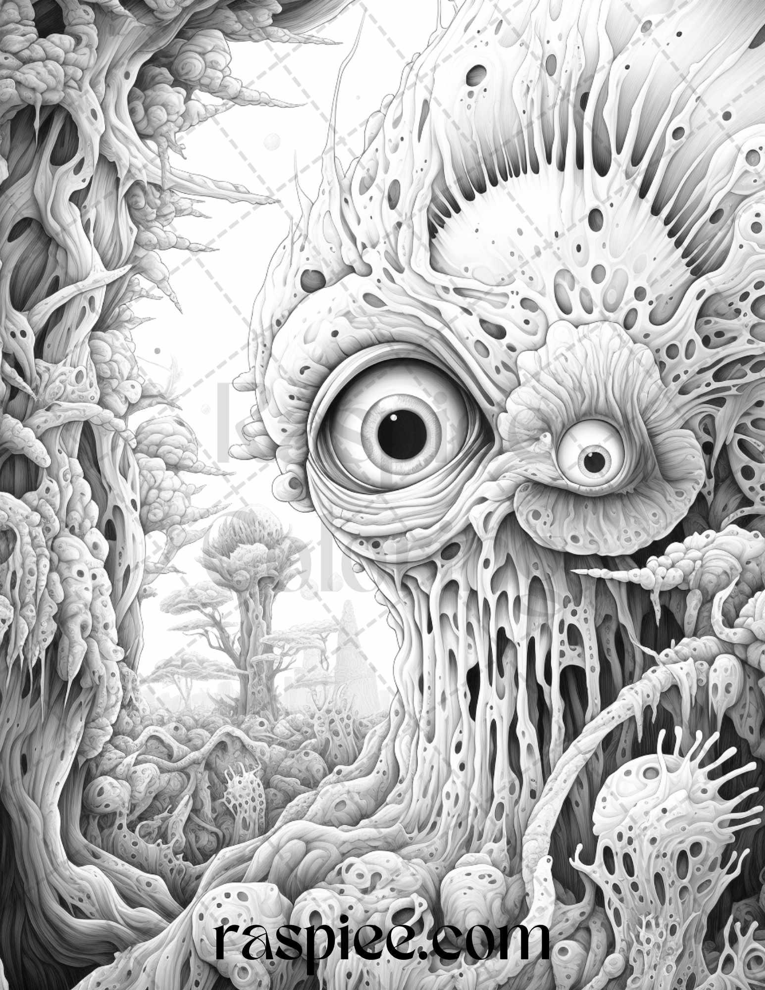 53 Surreal Creatures Grayscale Coloring Pages for Adults, Printable PDF File Instant Download