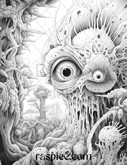 53 Surreal Creatures Grayscale Coloring Pages for Adults, Printable PDF File Instant Download