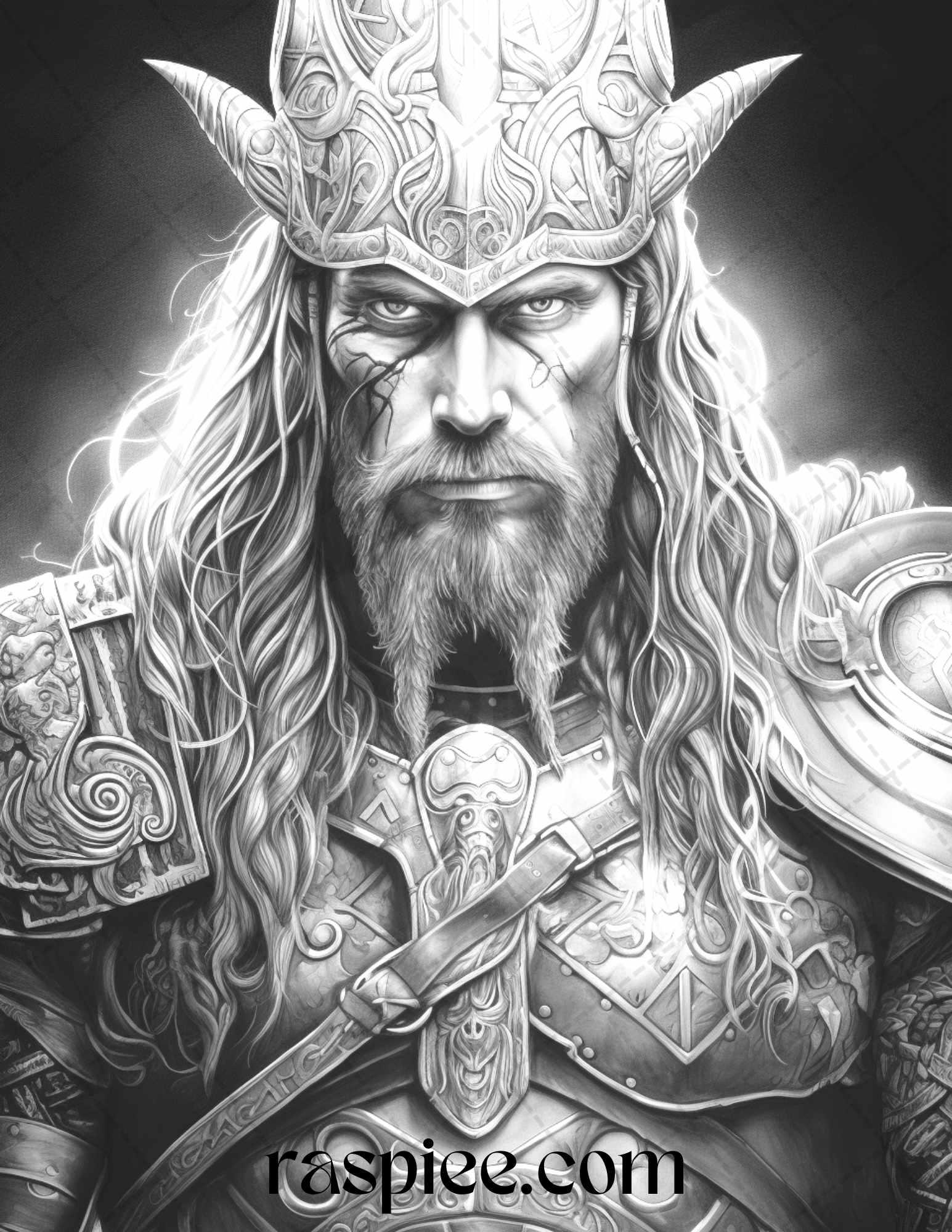 55 Viking Warriors Portrait Grayscale Coloring Pages Printable for Adults, PDF File Instant Download
