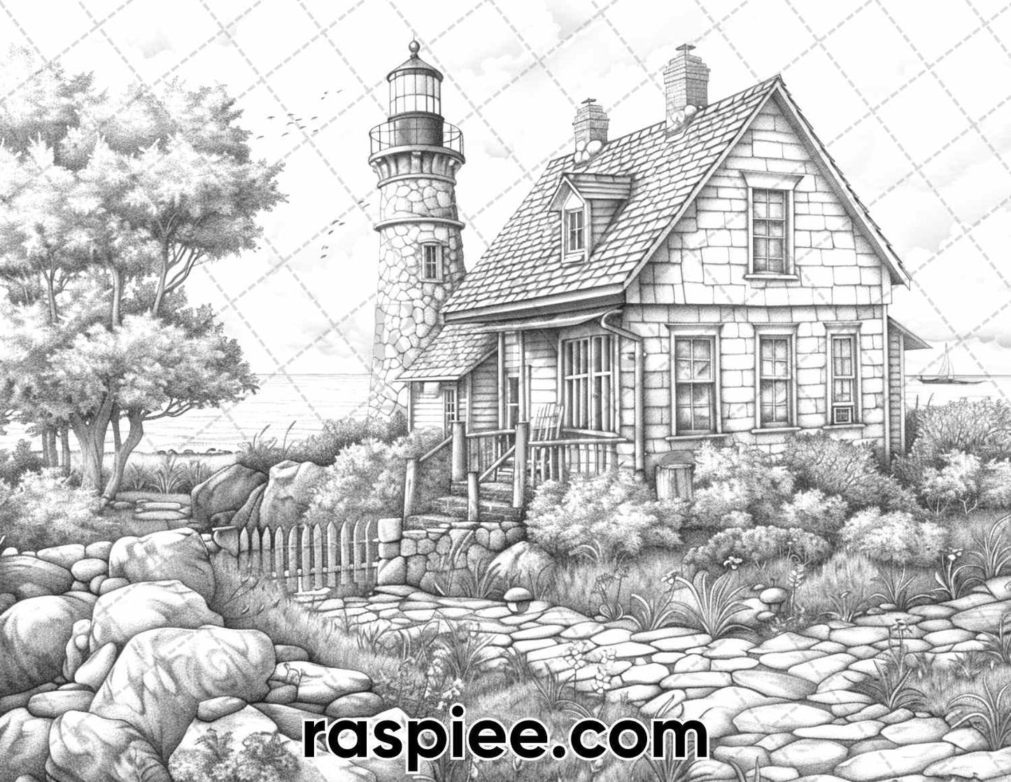 65 Coastal Landscapes Grayscale Adult Coloring Pages, Printable PDF Instant Download