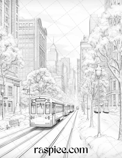 Winter Scenery Grayscale Coloring Pages Printable, Relaxing Snowy Landscapes, PDF File Instant Download