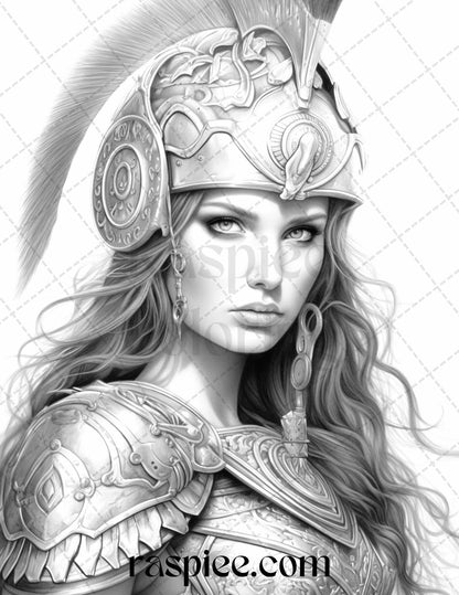 Greek Women Warriors Grayscale Coloring Pages for Adults, Printable PDF File Instant Download