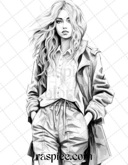 50 Streetwear Fashion Grayscale Coloring Pages Printable for Adults, PDF File Instant Download