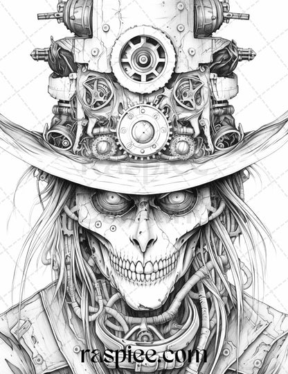 53 Scary Steampunk Scarecrows Grayscale Coloring Pages Printable for Adults, PDF File Instant Download