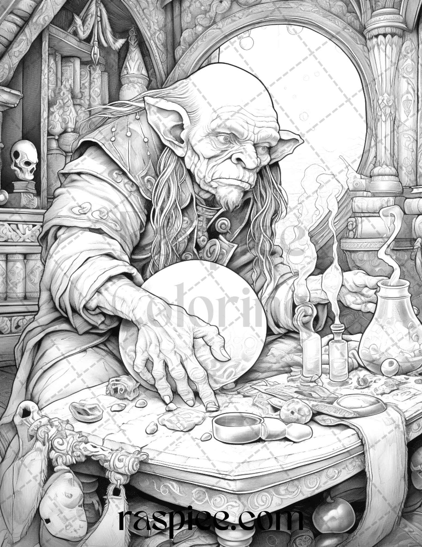 Fantasy Goblins Grayscale Coloring Pages Printable for Adults, PDF File Instant Download