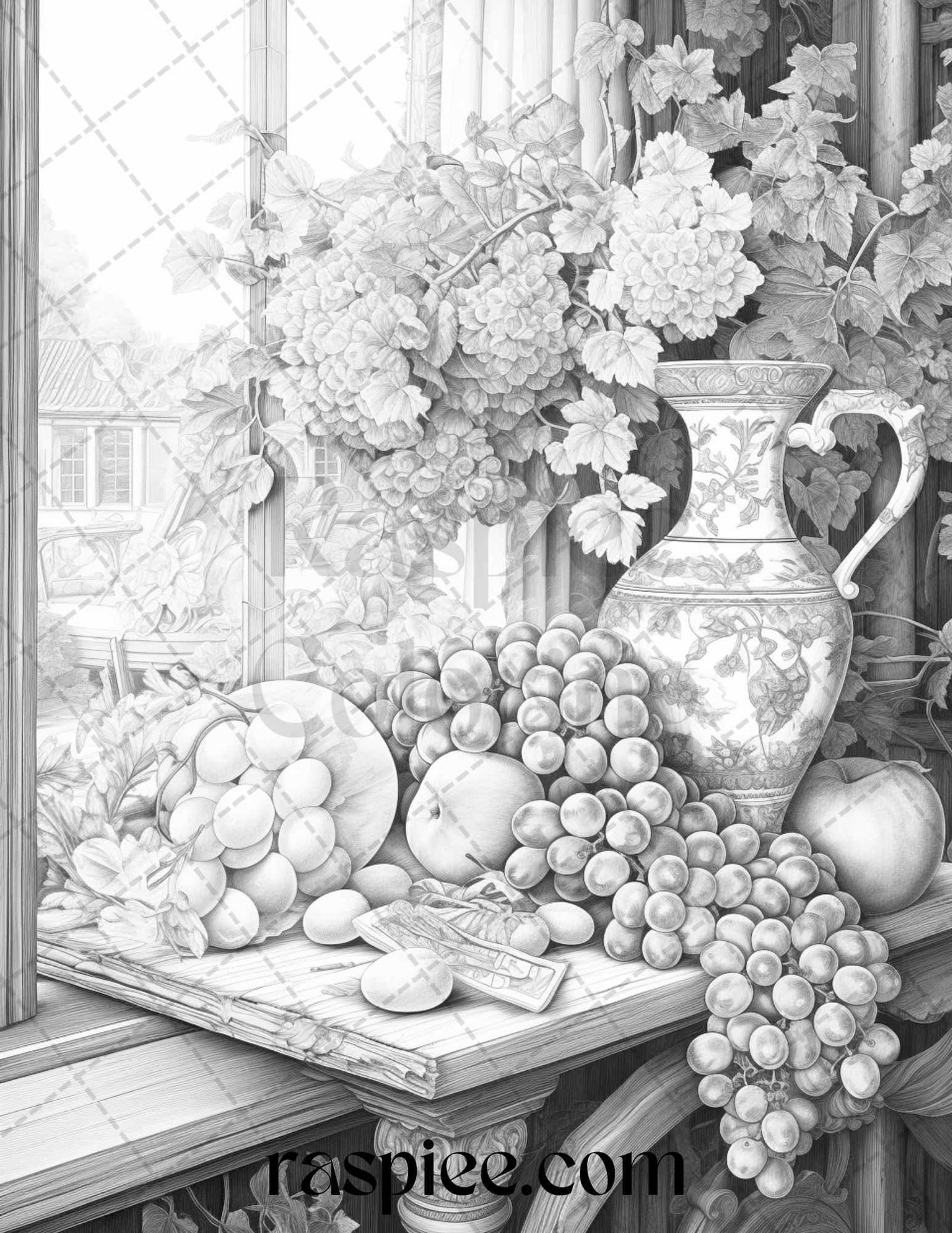 52 Still Life Grayscale Coloring Pages Printable for Adults, PDF File Instant Download