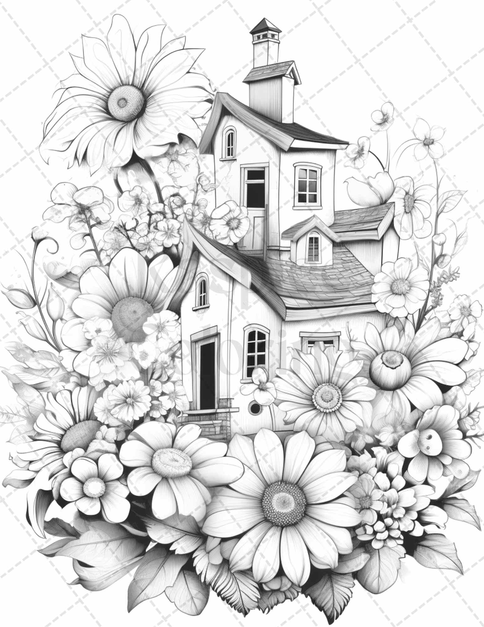 60 Flower Houses Grayscale Coloring Pages Printable for Adults, PDF File Instant Download