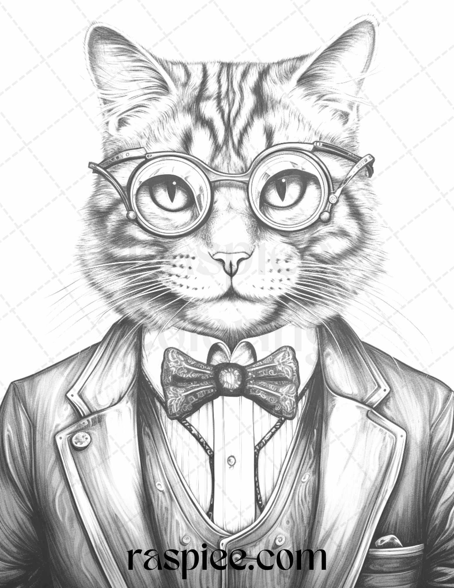 Gentleman Cat Grayscale Coloring Pages Printable for Adults Kids, PDF File Instant Download
