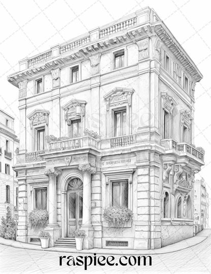 Roman Architecture Grayscale Coloring Pages Printable for Adults, PDF File Instant Download