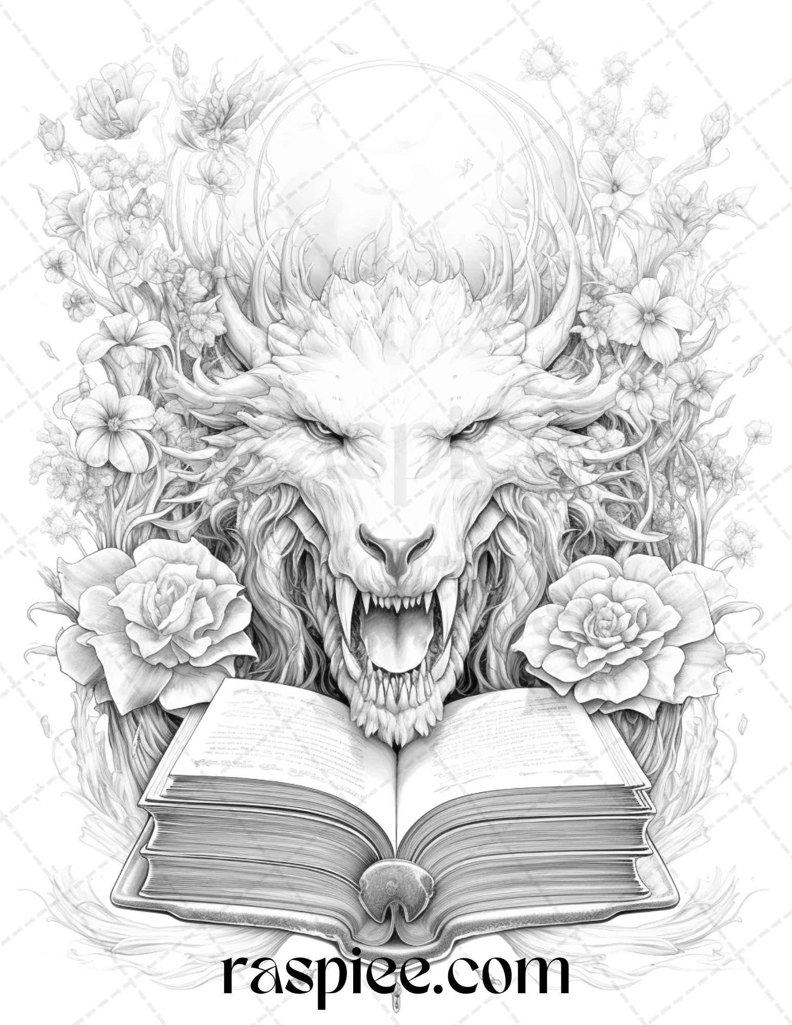 50 Magical Books Grayscale Coloring Pages Printable for Adults, PDF File Instant Download