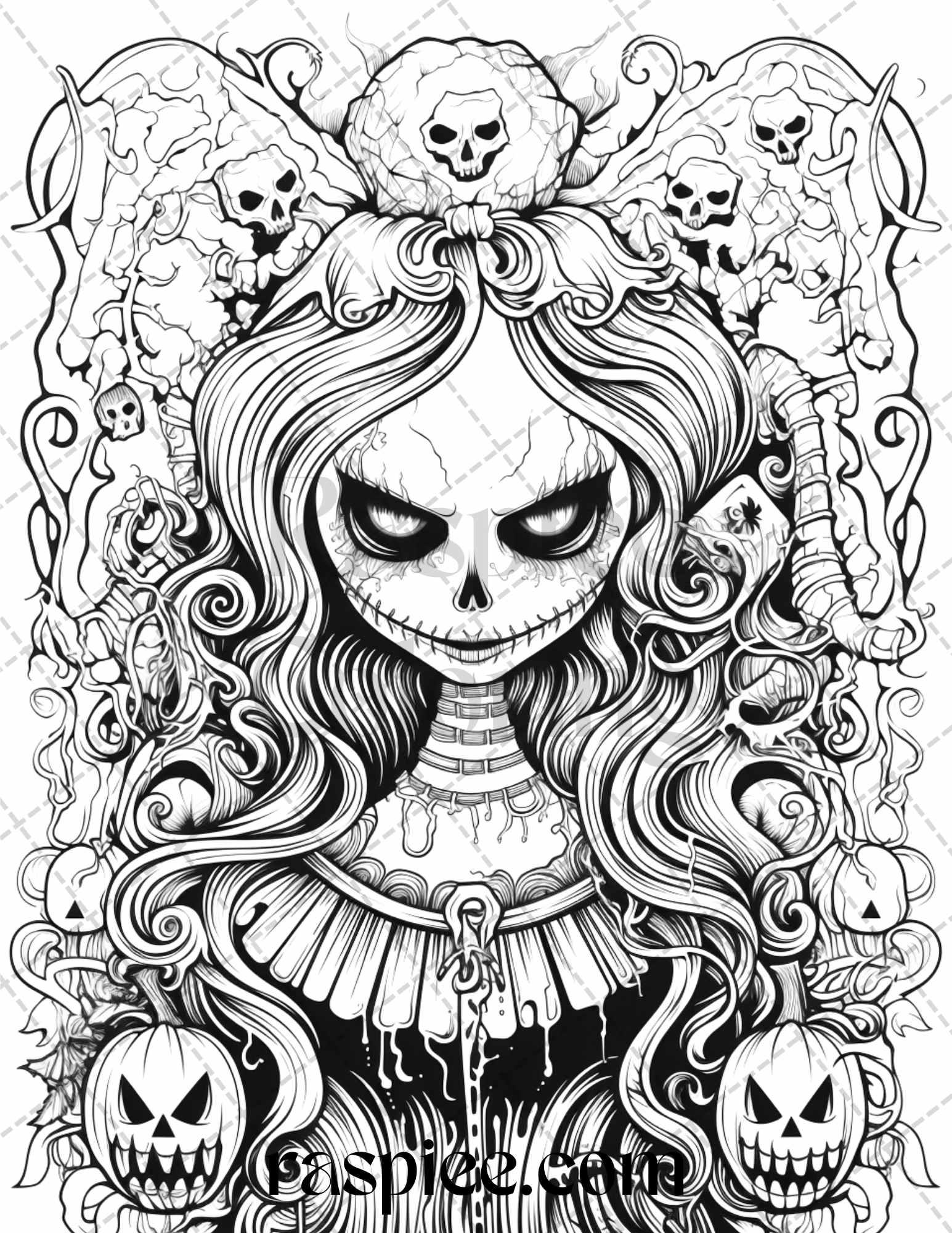 50 Spooky Miss Nightmare Grayscale Coloring Pages Printable for Adults, PDF File Instant Download