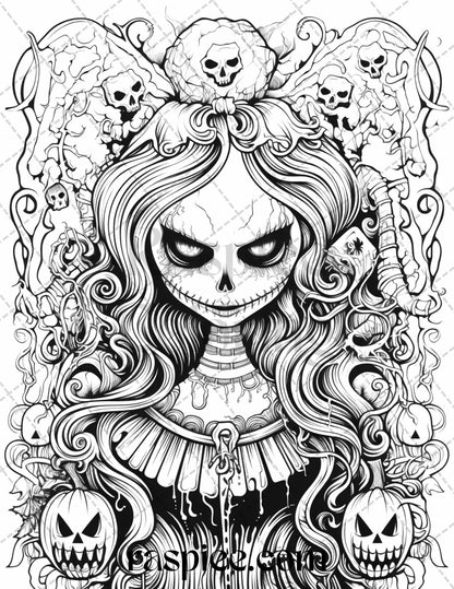 50 Spooky Miss Nightmare Grayscale Coloring Pages Printable for Adults, PDF File Instant Download