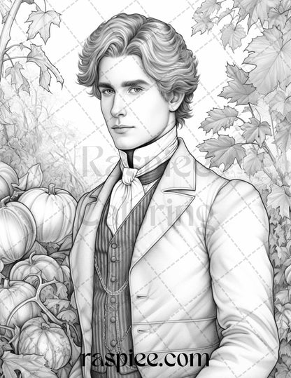 60 Victorian Autumn Portrait Grayscale Coloring Pages Printable for Adults, PDF File Instant Download