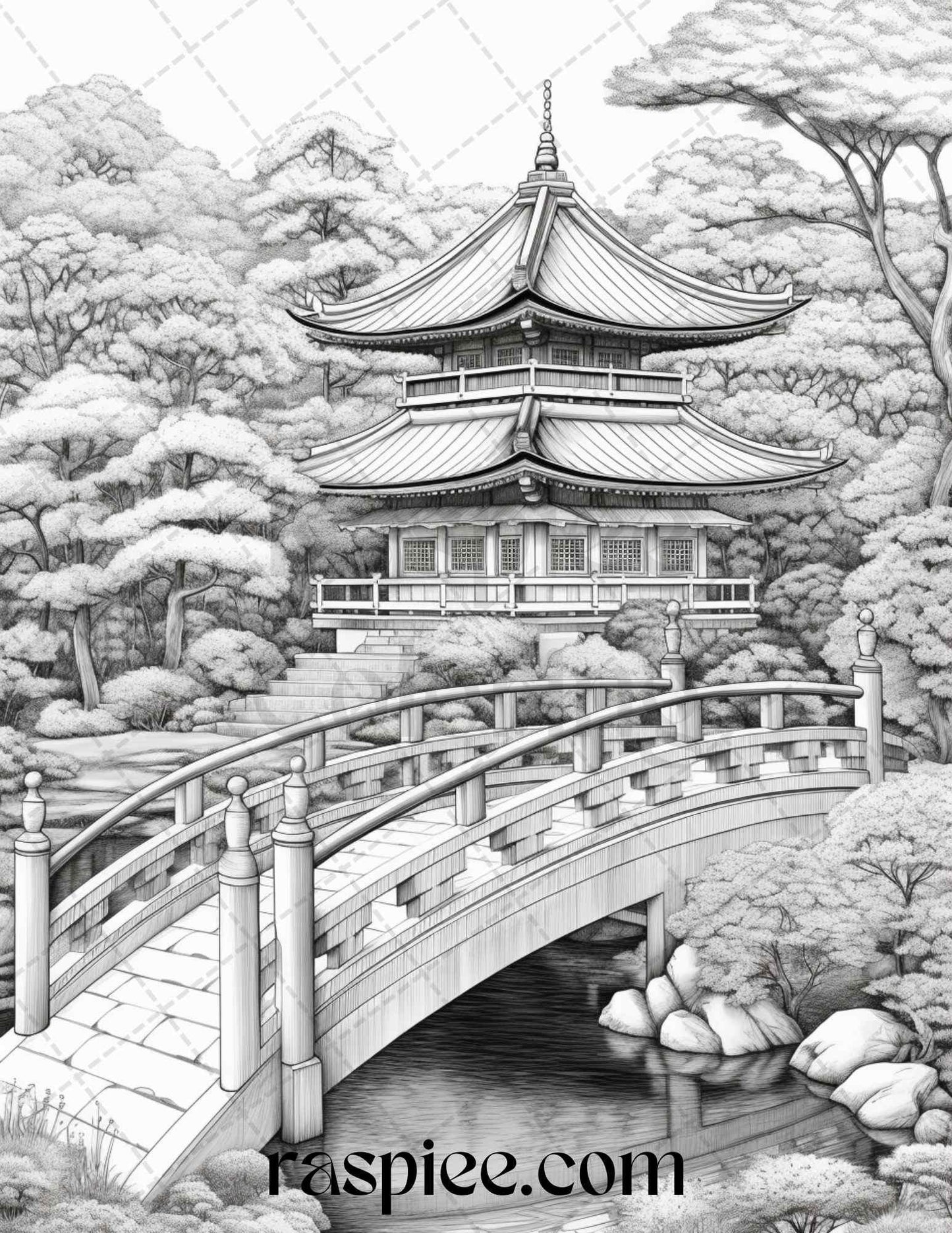 Japanese Garden Grayscale Coloring Pages Printable for Adults, PDF File Instant Download