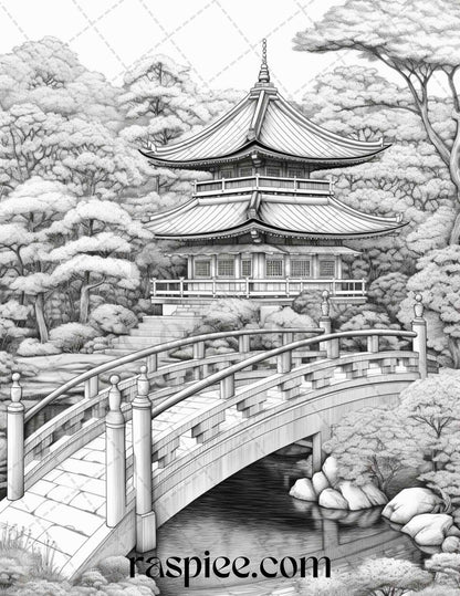 Japanese Garden Grayscale Coloring Pages Printable for Adults, PDF File Instant Download
