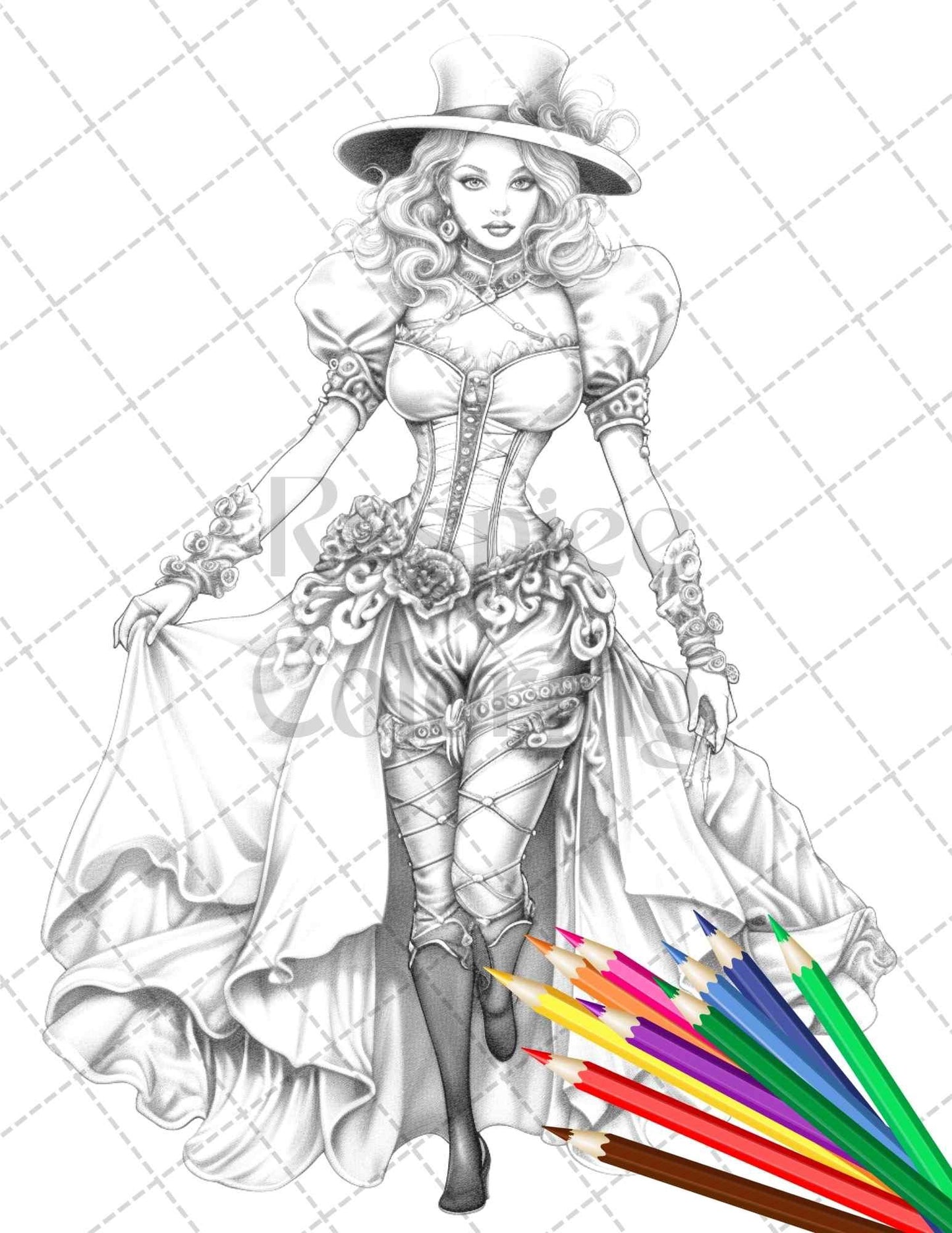 50 Victorian Fashion Grayscale Coloring Pages Printable for Adults, PDF File Instant Download
