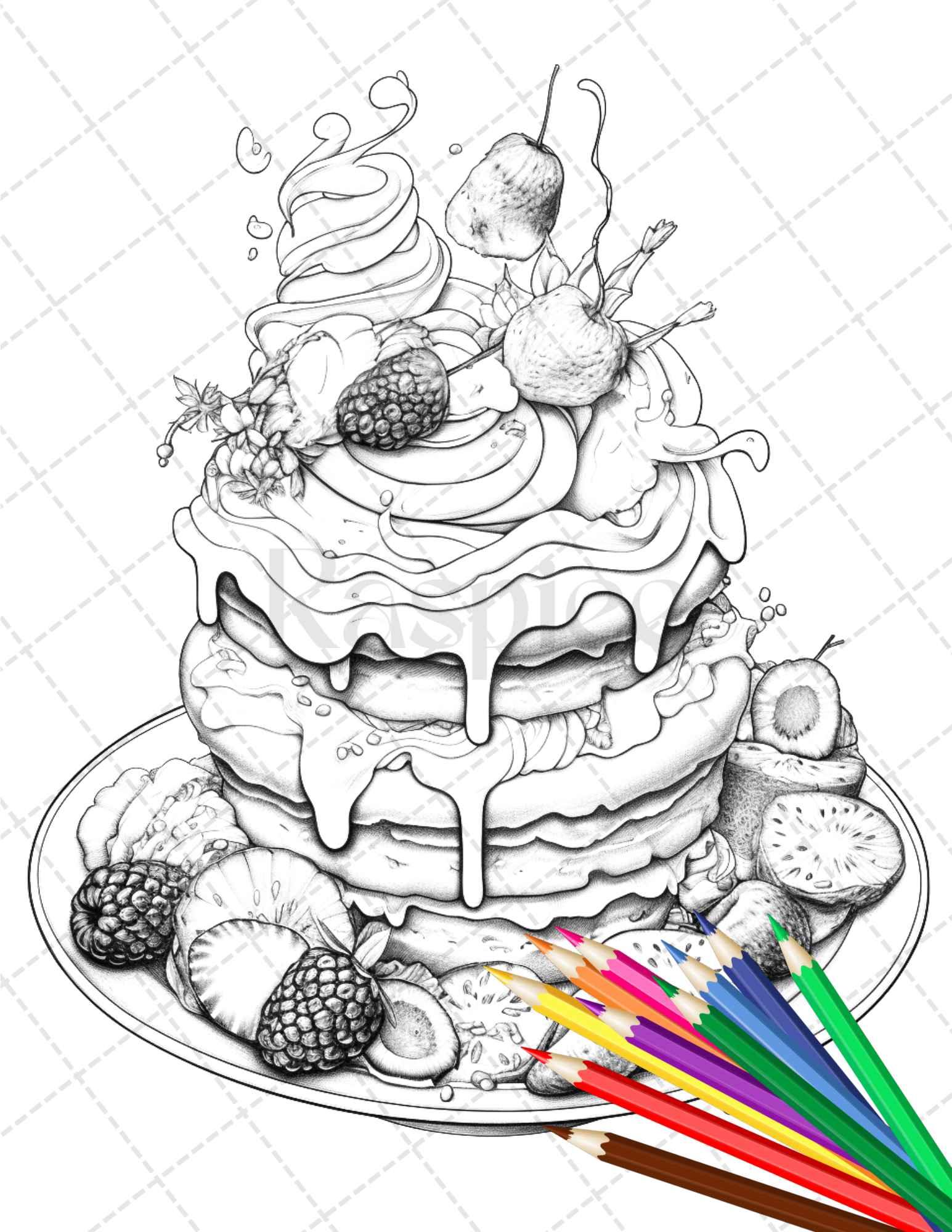 36 Sweet Desserts Coloring Pages Printable for Adults, Grayscale Coloring Page, PDF File Instant Download