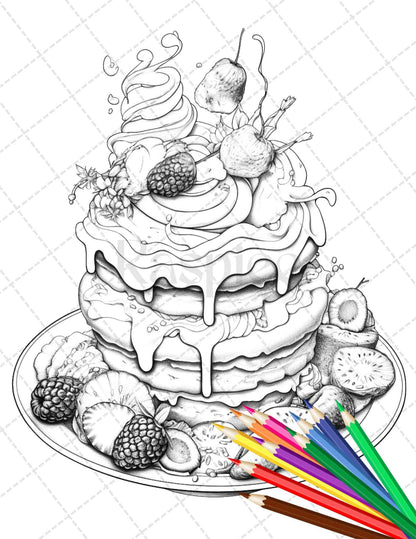 36 Sweet Desserts Coloring Pages Printable for Adults, Grayscale Coloring Page, PDF File Instant Download