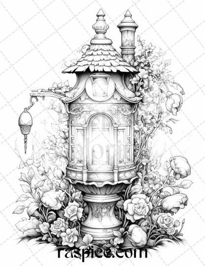 50 Lantern Fairy Houses Grayscale Coloring Pages Printable for Adults, PDF File Instant Download